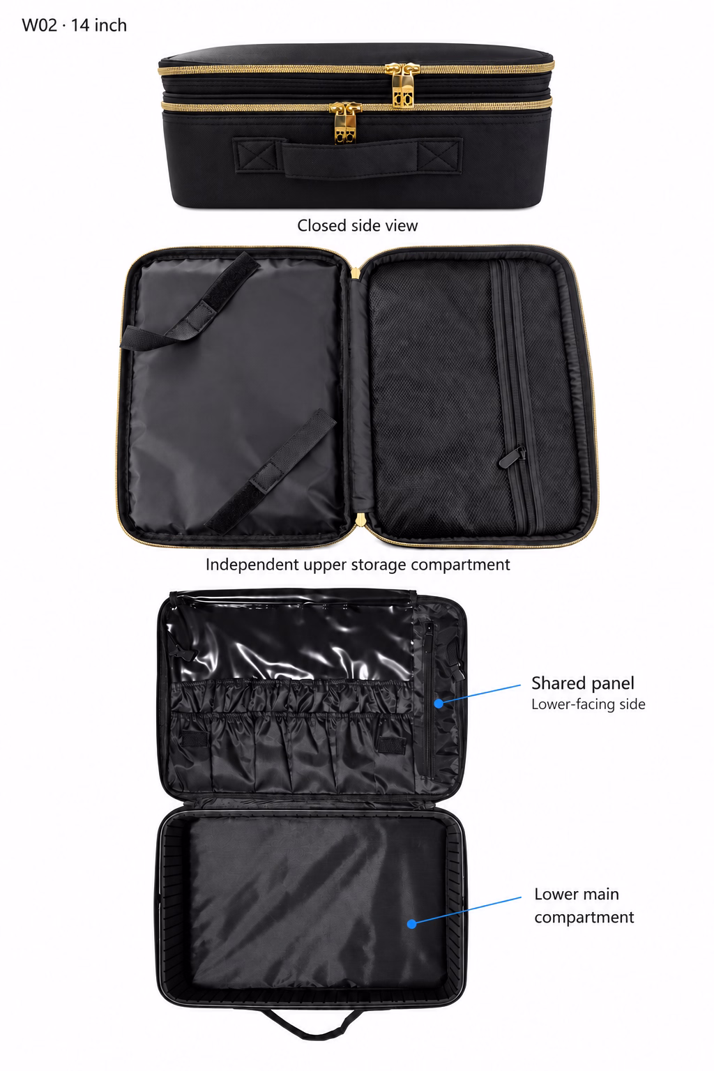 W02 14 inch makeup case showing separate upper and lower compartments and the shared panel with lower-facing brush slots