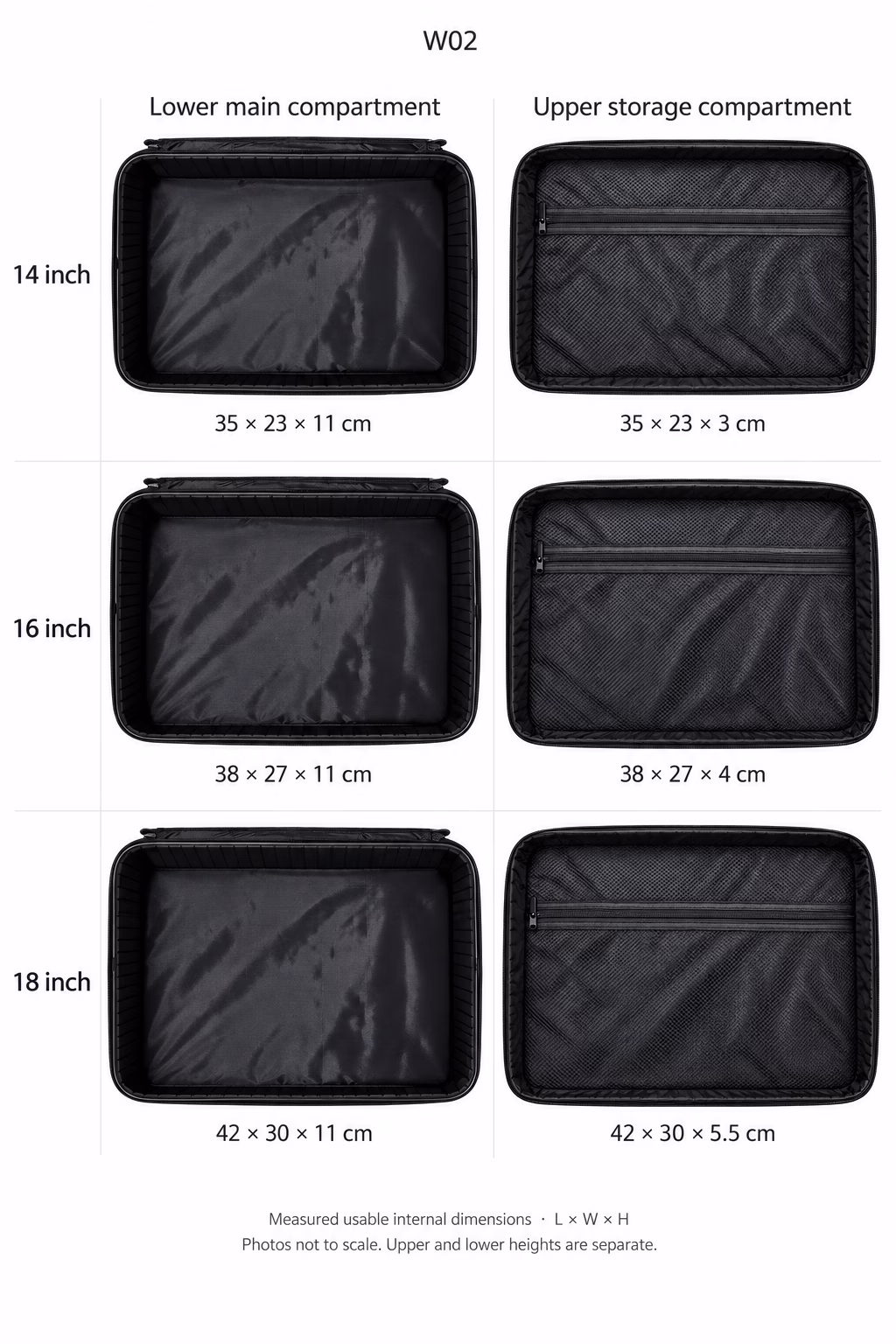 W02 14, 16 and 18 inch compartment dimensions, showing a constant 11 cm lower height and upper heights of 3, 4 and 5.5 cm