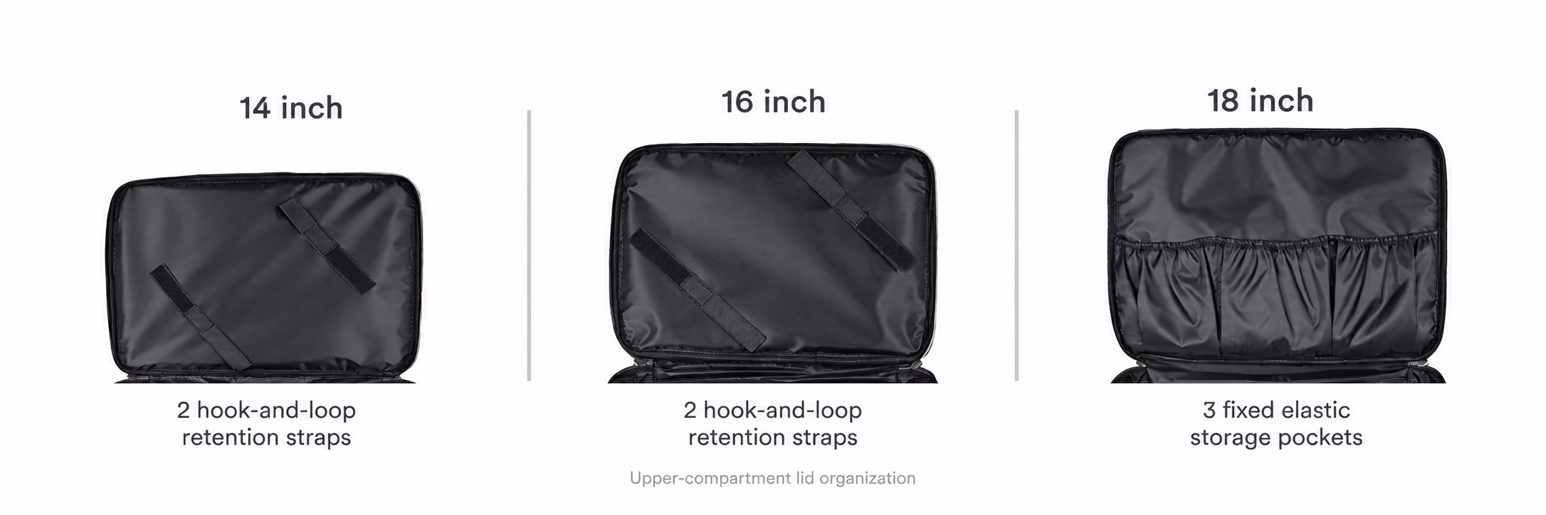 W02 upper lids with two hook-and-loop retention straps on 14 and 16 inch cases and three fixed elastic storage pockets on the 18 inch case