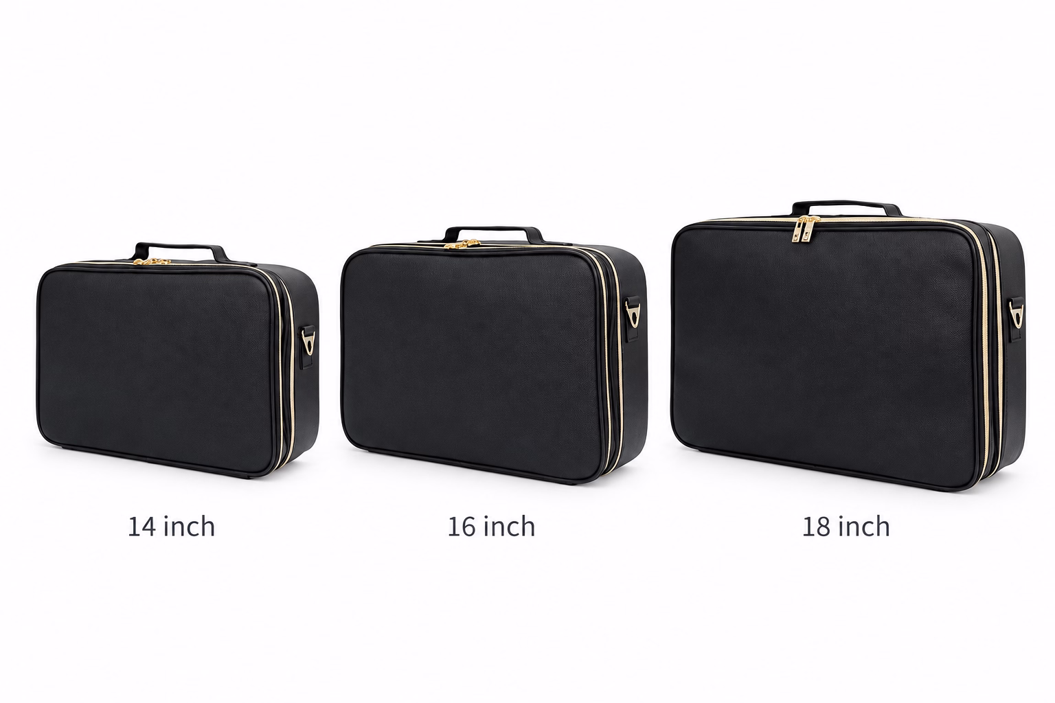 Black W02 makeup cases in 14, 16 and 18 inch sizes shown side by side